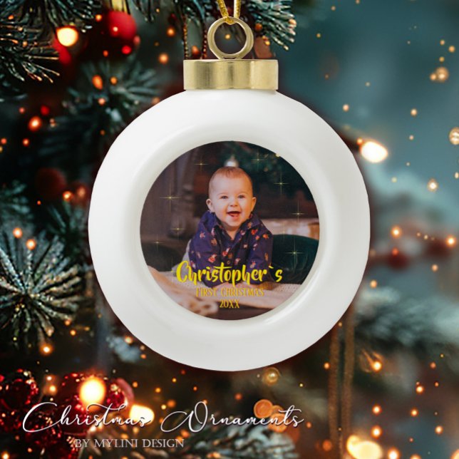 Babys First Christmas Gold Sparkle Stars Photo Keramik Kugel-Ornament (Von Creator hochgeladen)