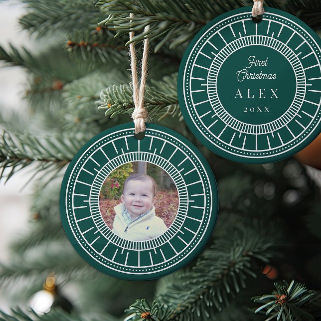 Baby's First Christmas Green & White Foto Keramik Ornament (Von Creator hochgeladen)