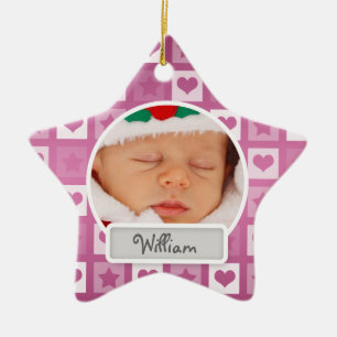 Baby's First Christmas Hearts & Stars Pink Keramikornament