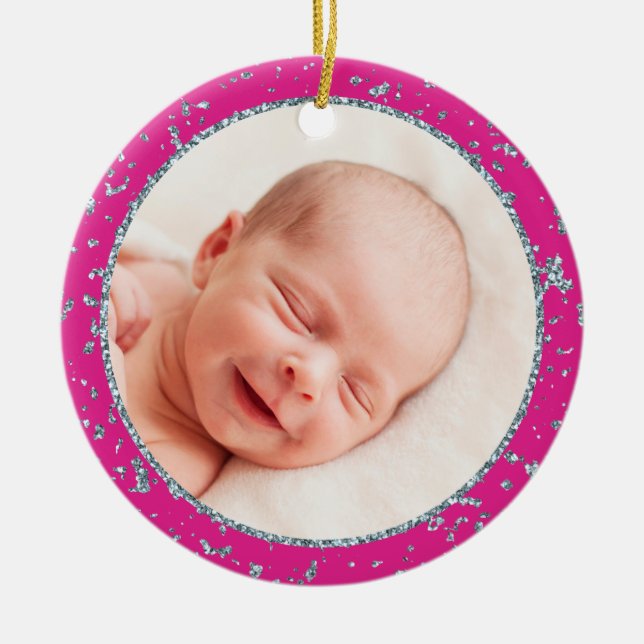 Baby's First Christmas Hot Pink Silver Glitzer Keramik Ornament (Vorne)
