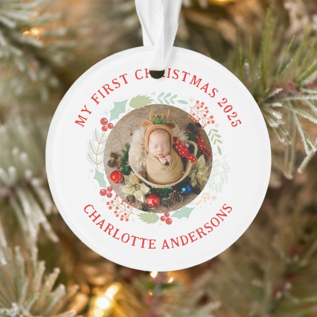 Baby's First Christmas Individuelle Name 2 Foto Ornament (Baum)
