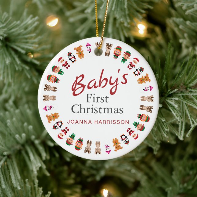 Baby's First Christmas Individuelle Name Foto Keramik Ornament (Baum)