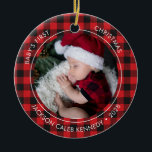 Baby's First Christmas Kariert 2 Foto Ornament<br><div class="desc">2 Foto Buffalo Kariert Faith Family Liebe Joy - Das erste Weihnachtsschmuck des Babys zeigt 2 Ihrer wertvollen Fotos,  umgeben von rustikalen roten und schwarzen Büffel kariert. Was für ein besonderer Weihnachtsrezept! Es ist ein fabelhaftes Geschenk,  das für die nächsten Jahre gepflegt werden soll. Magnolia & Thistle E.: bev@magnoliaandthistle.design</div>