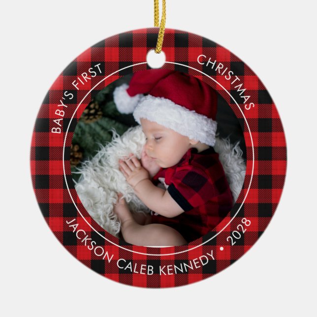 Baby's First Christmas Kariert 2 Foto Ornament (Vorne)