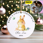 Baby's First Christmas Keepake Custom Foto Keramik Ornament<br><div class="desc">Die erste Weihnachtsdekoration des Babys mit niedlichem Aquarellblasen und Schmetterling. Name und Weihnachtsjahr auf der Vorderseite und Foto zurück mit Babyname und Geburtsdatum.</div>