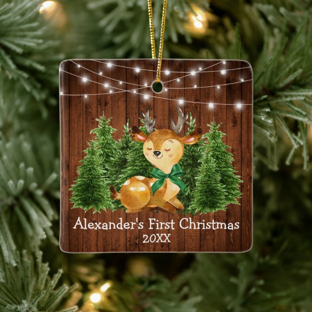 Baby's First Christmas Lights Deer Green Bow Keramikornament (Baum)