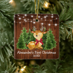 Baby's First Christmas Lights Deer Red Bow Keramikornament