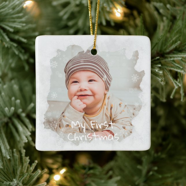 Baby's First Christmas Mattiert Glass Custom Foto Keramikornament (Baum)