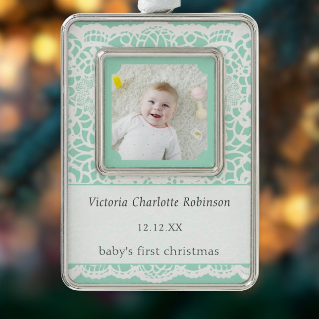 Baby's First Christmas Mint Green Lace Photo Rahmen-Ornament Silber (An ornament for baby's first Christmas, in light green with white lace effect, custom photo and text)
