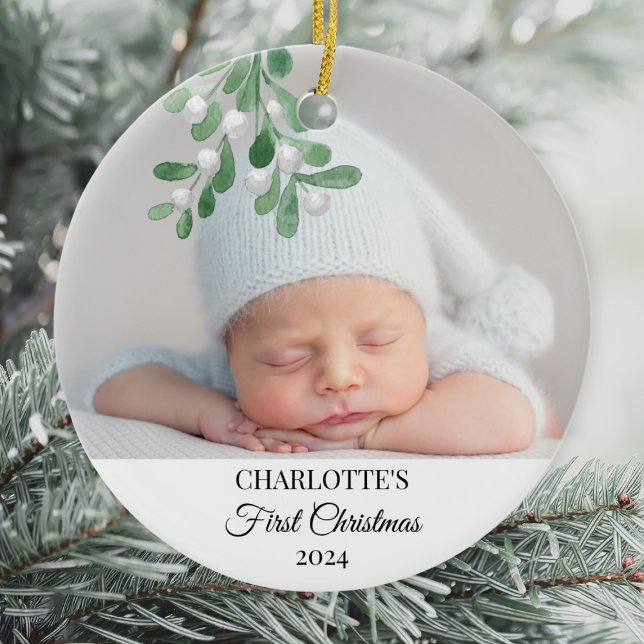 Baby's First Christmas Mistletoe Foto Keramik Ornament (Von Creator hochgeladen)