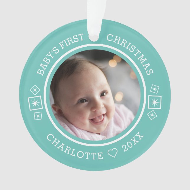 Baby's First Christmas Modern 2 Foto Aquamarin Ornament (Vorderseite)