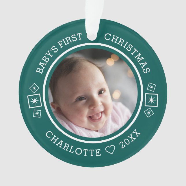 Baby's First Christmas Modern 2 Foto Green Ornament (Vorderseite)