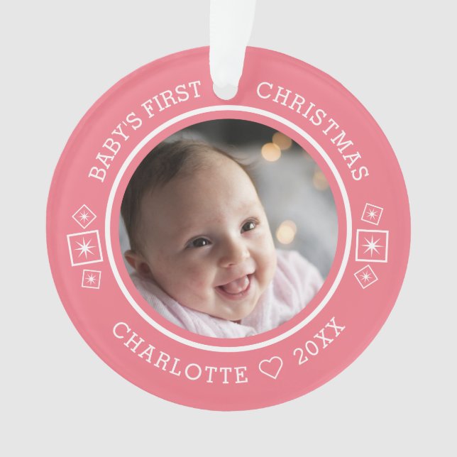 Baby's First Christmas Modern 2 Foto Pink Ornament (Vorderseite)