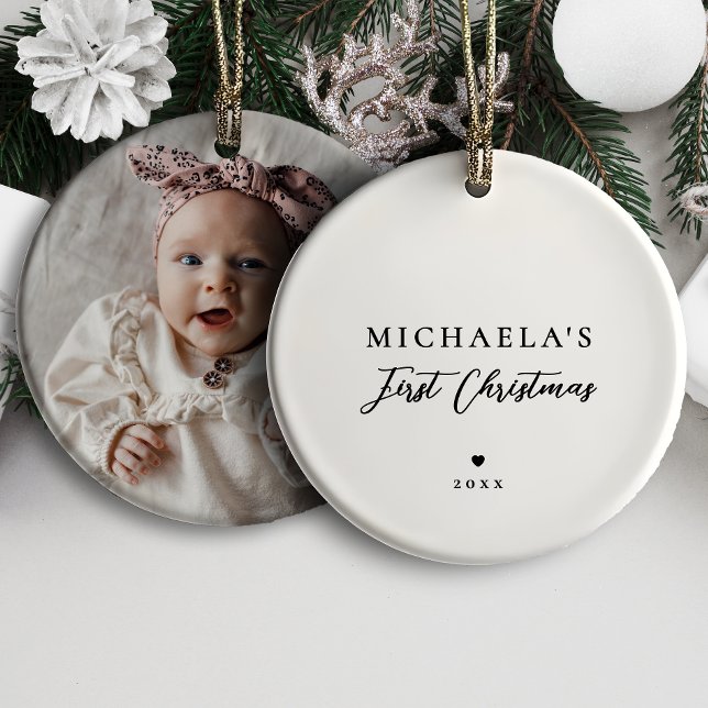 Baby's First Christmas Modern Minimalist Photo Keramik Ornament (Von Creator hochgeladen)