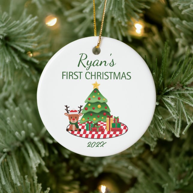 Baby's First Christmas Niedlich Rentier Keramik Ornament (Baum)