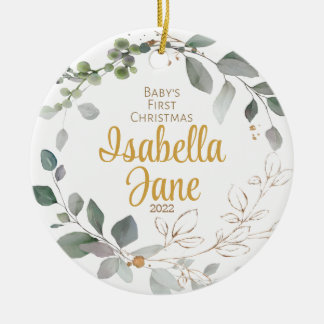 Baby's First Christmas Ornament, Gold & Green Keramik Ornament