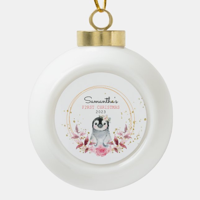 Baby's First Christmas Penguin Keramik Kugel-Ornament (Vorderseite)
