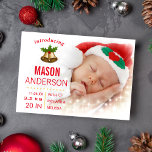 Baby's First Christmas Photo Birth Announcement Ankündigung<br><div class="desc">Christmas birth announcement card featuring stylish red typography overlay. Add all your lovely details on this easy-to-use template and adorn this card with your baby's photo to make it a one-of-a-kind announcement. Flip the card over to reveal an elegant red and white snowflakes pattern on the back of the card....</div>
