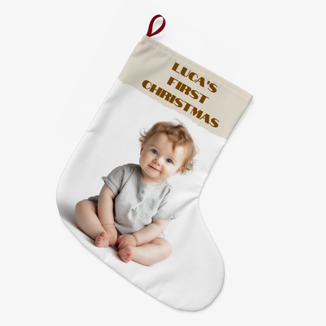 Baby's First Christmas  Photo & Name Stocking Großer Weihnachtsstrumpf (Vorderansicht (hängend))