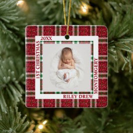 Baby's First Christmas Photo Plaid Keramikornament