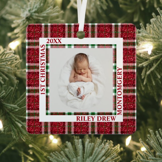 Baby's First Christmas Photo Plaid Ornament Aus Metall (InSitu)