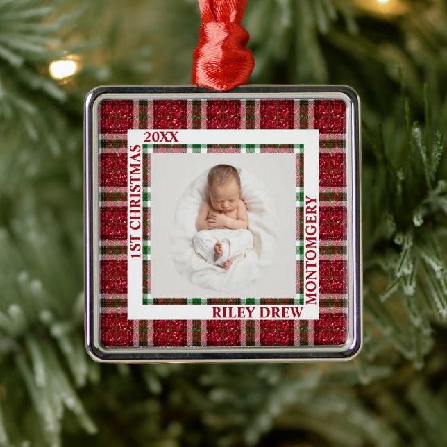 Baby's First Christmas Photo Plaid Ornament Aus Metall (Baum)