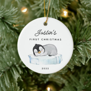 Baby's First Christmas Pinguin 2 Sided Foto Keramik Ornament