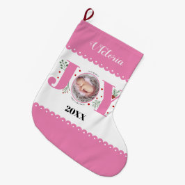 Baby's First Christmas pink Joy and berries photo Großer Weihnachtsstrumpf