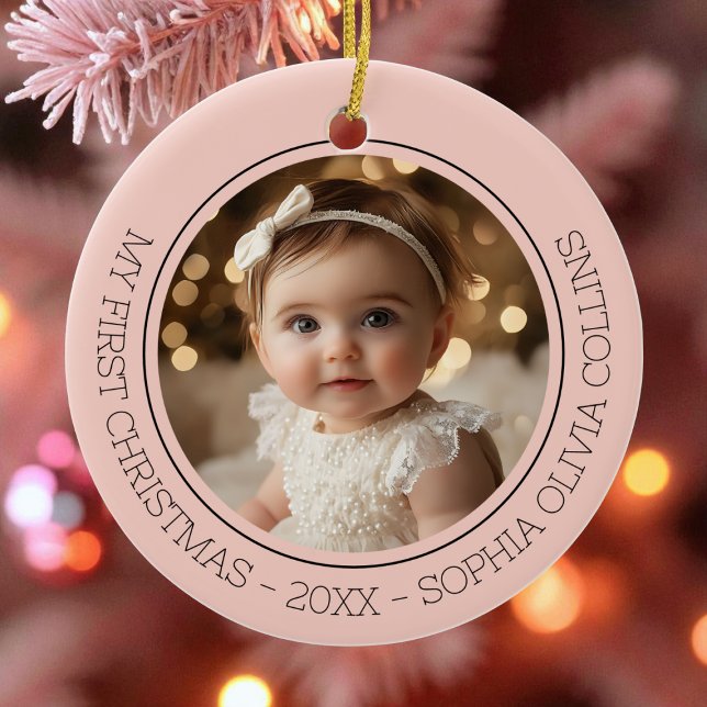 Baby's First Christmas Pink Modern 2 Foto Neugebor Keramik Ornament (Baby's First Christmas Pink Modern 2 Photo Newborn Ceramic Ornament)