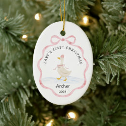 Babys First Christmas Pink Watercolor Ribbon Goose Keramik Ornament