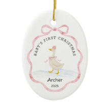 Babys First Christmas Pink Watercolor Ribbon Goose