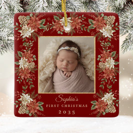 Baby's First Christmas Poinsettia Photo Keramikornament