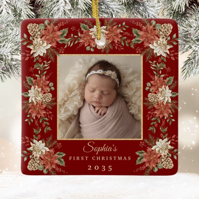 Baby's First Christmas Poinsettia Photo Keramikornament (Von Creator hochgeladen)