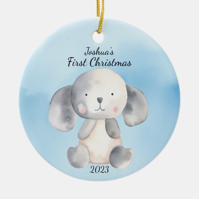 Baby's First Christmas Puppy Blue Personalisiert Keramik Ornament (Vorne)