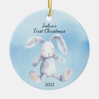 Baby's First Christmas Rabbit Blue Personalisiert Keramik Ornament