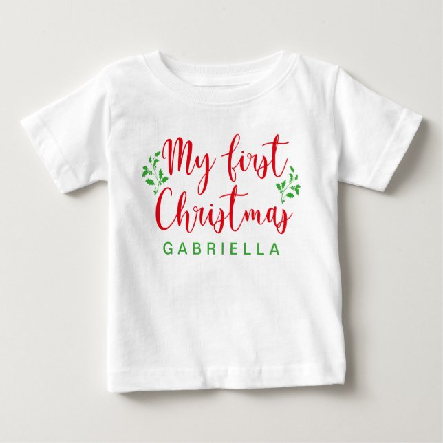 Baby's First Christmas Red and Green Calligraphy Baby T-shirt (Vorderseite)