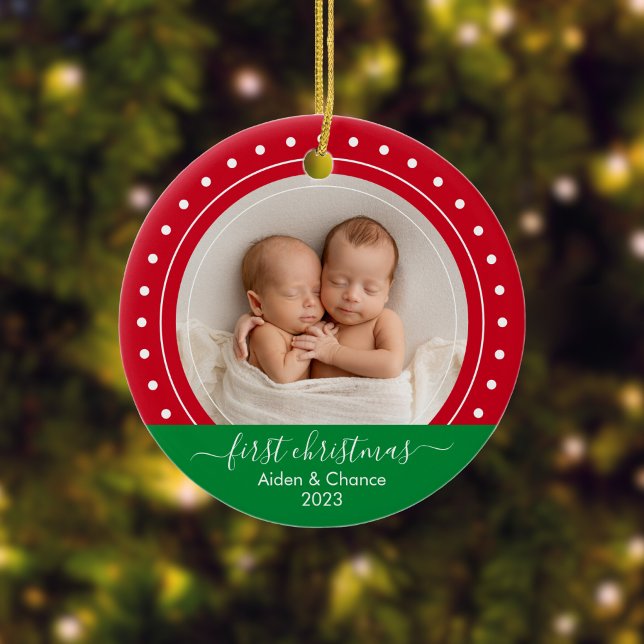 Baby's First Christmas Red and Green Dots Keramik Ornament (Custom Christmas Baby Ornament)