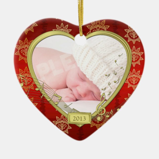 Baby's First Christmas Red Gold Foto Heart Keramikornament (Vorne)
