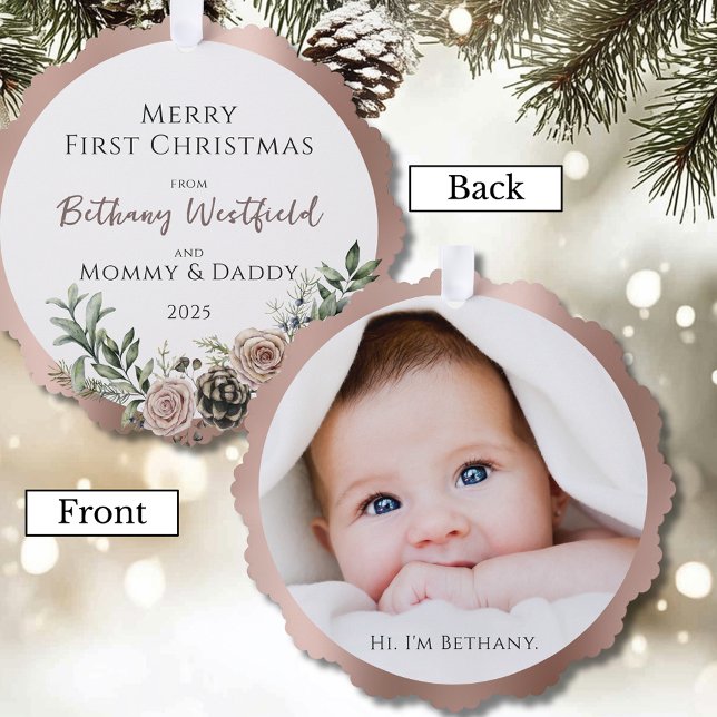 Baby's First Christmas Rose Gold Photo Keepsake Ornament Karte (Baby's First Christmas Rose Gold Photo Keepsake Holiday Ornament Card for Family and Friends)