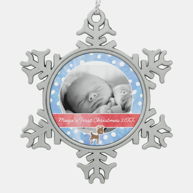 Baby's First Christmas Rudolph Schneeflocken Zinn-Ornament (Vorderseite)