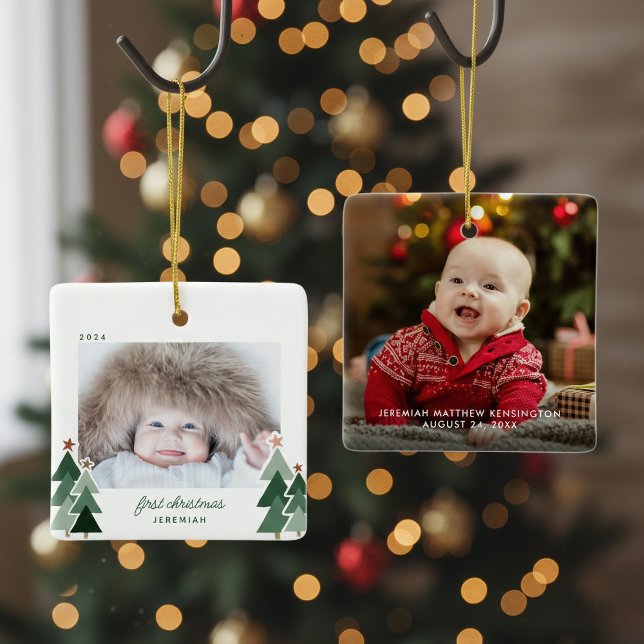 Baby's First Christmas Rustic Trees Foto Keramikornament (Von Creator hochgeladen)