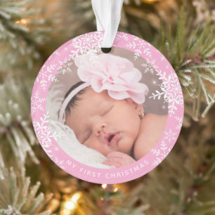 Baby's First Christmas-Schneeflocken auf Rosa Ornament