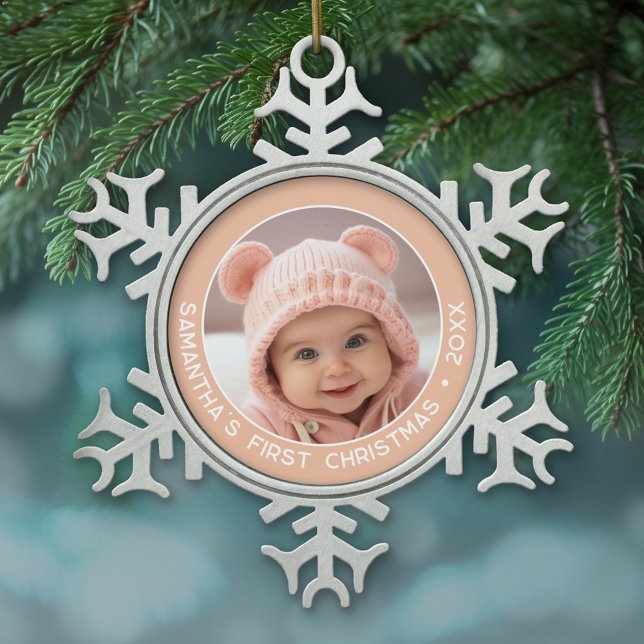 Baby's First Christmas - Simple Coral Girl Schneeflocken Zinn-Ornament (Personalized pewter Christmas Ornament - Baby's First Christmas)