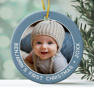 Baby's First Christmas - Simple Denim Pastel Blue Keramik Ornament