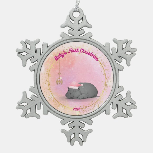 Baby's First Christmas Snowflake 2025 - Hippo Schneeflocken Zinn-Ornament (Vorderseite)