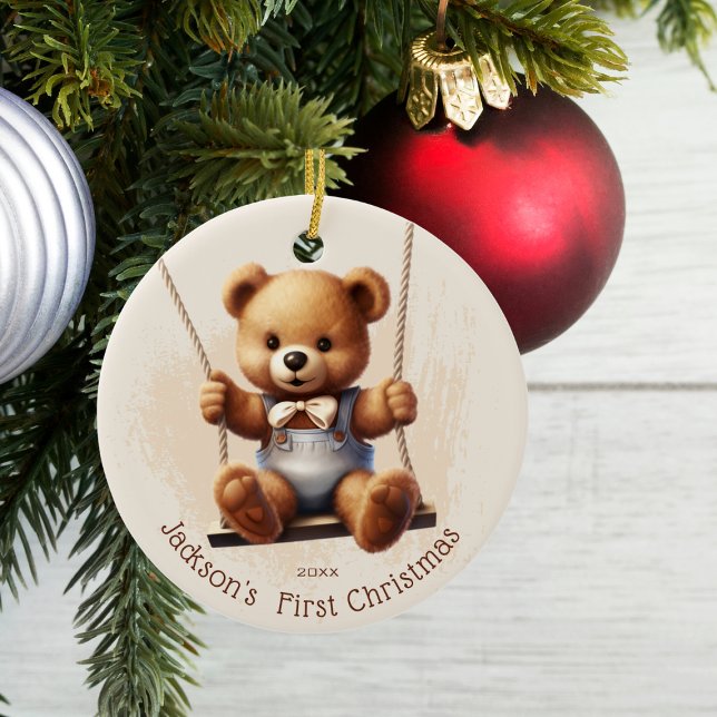 Baby's First Christmas Teddy on Swing Keramik Ornament (Von Creator hochgeladen)
