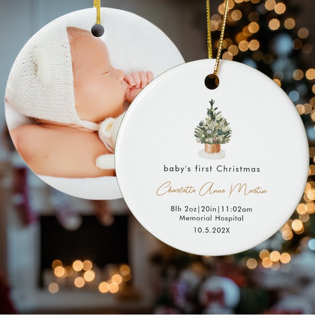 Baby's First Christmas Tree Birth Stats Foto Keramik Ornament (Von Creator hochgeladen)