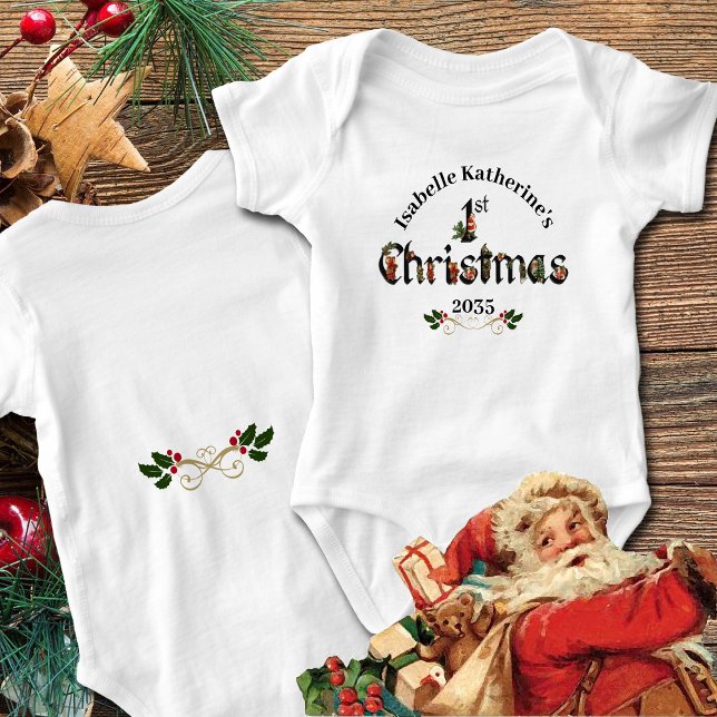 Baby's First Christmas Vintag Santas Baby Strampler (Personalized baby bodysuit for Baby's first Christmas.  Pretty design with vintage Santas.)