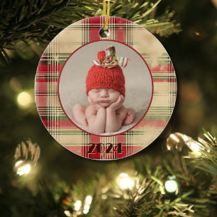 Baby's First Christmas Vintag Worn Kariertes Foto Keramik Ornament