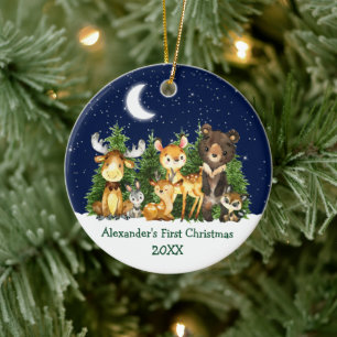 Baby's First Christmas Watercolor Animals Deer Sky Keramik Ornament